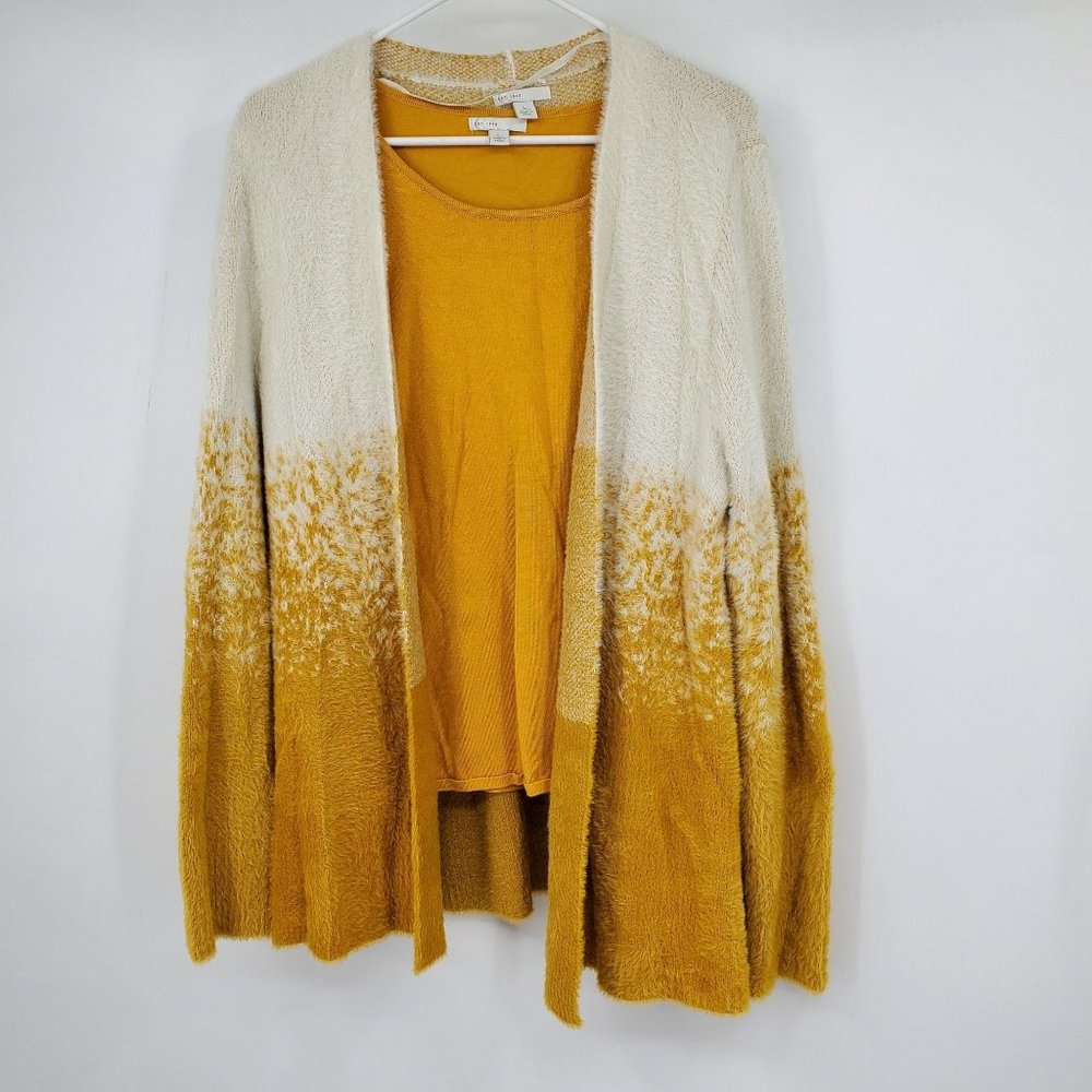 Est 1946 Yellow Fuzzy Soft Ombre Women's Cardigan Sweater Set Large